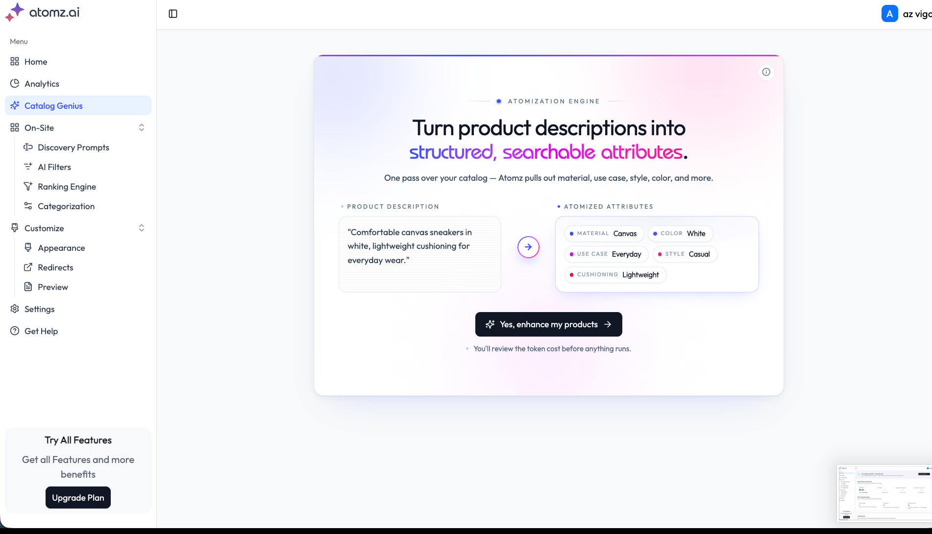 Catalog Genius turning a canvas sneaker description into structured attributes: material canvas, color white, use case everyday, style casual, cushioning lightweight.